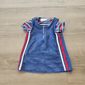 Bonnie Jean Blue Corduroy-Look Zip Dress with Red & White Stripes Vintage Y2K 2T